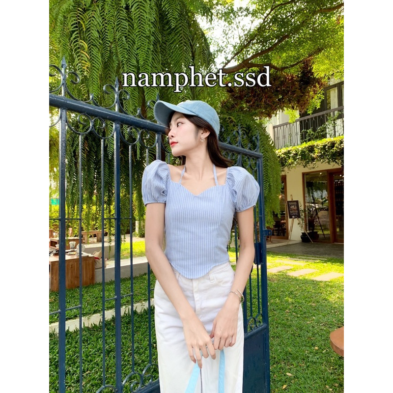 namphet.ssd เสื้อแขนตุ๊กตา สายคล้องคอ ผูกโบว์ ลายริ้ว