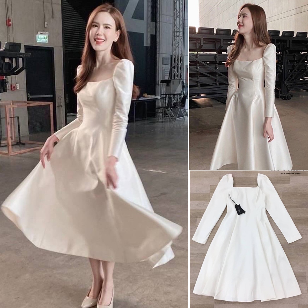 S-L ชุดเดรสสีขาวมุก แขนยาว ใส่ออกงาน,พรีเวดดิ้ง
