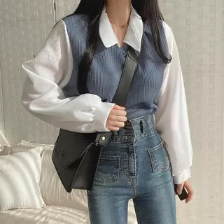 พร้อมส่งในไทย** เสื้อคอปกแขนยาวสีขาว ผ้าร่องผ้าทิ้งตัว สไตล์เกาหลี Y178