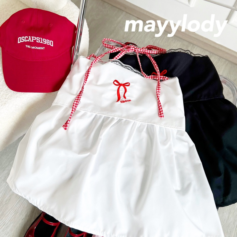 mayylody Ribbon Top เสื้อเกาะอก ดีเทลปักโบว์สีแดง สายผูกคล้องคอลายสก็อต น่ารักสุดๆๆ เกาะอก ครอปท็อป