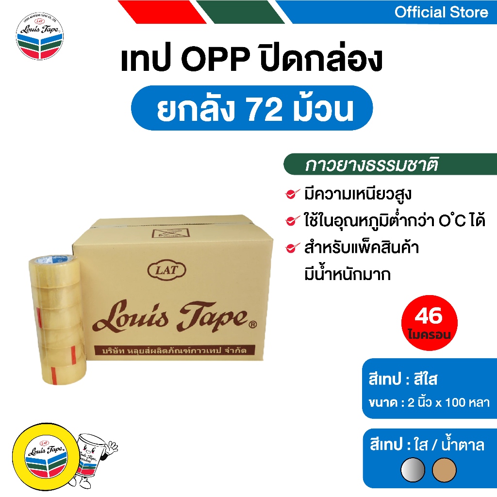 LOUIS TAPE เทปโอพีพี เทปปิดกล่อง OPP Tape 2 นิ้ว x 100 หลา ใส กาวยางธรรมชาติ (72 ม้วน/ลัง)
