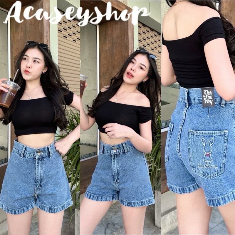 Acasey กางเกงยีนส์ผู้หญิง ขาสั้น ผ้าPremium ปักน้องกระต่าย น่ารัก Rabbit jeans