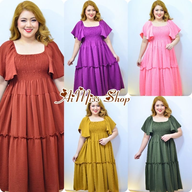 AiMiss Shop รหัส M-23 เดรสผ้าพื้นแต่งแขนระบาย เดรสใส่ออกงานสวยๆ ชุดสาวอวบ เสื้อผ้าคนอ้วน