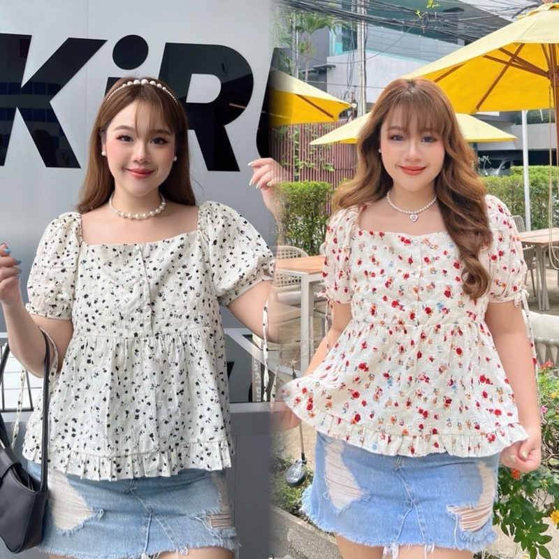เสื้อคอเหลี่ยม (ผ้าฉลุพิมพ์ลาย) เสื้อสาวอวบ อก42-52นิ้ว Freesize