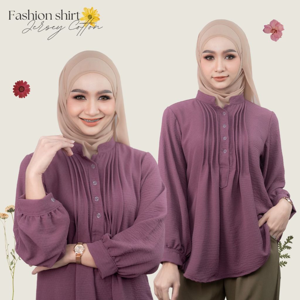 เสื้อแขนโคมไฟ ตีเกล็ดหน้า คละเนื้อผ้า ดีเทลเรียบง่ายสวมใส่สบาย สีพื้นดูสุภาพ ทรงคอสูงDG07วาริสมุสลิม