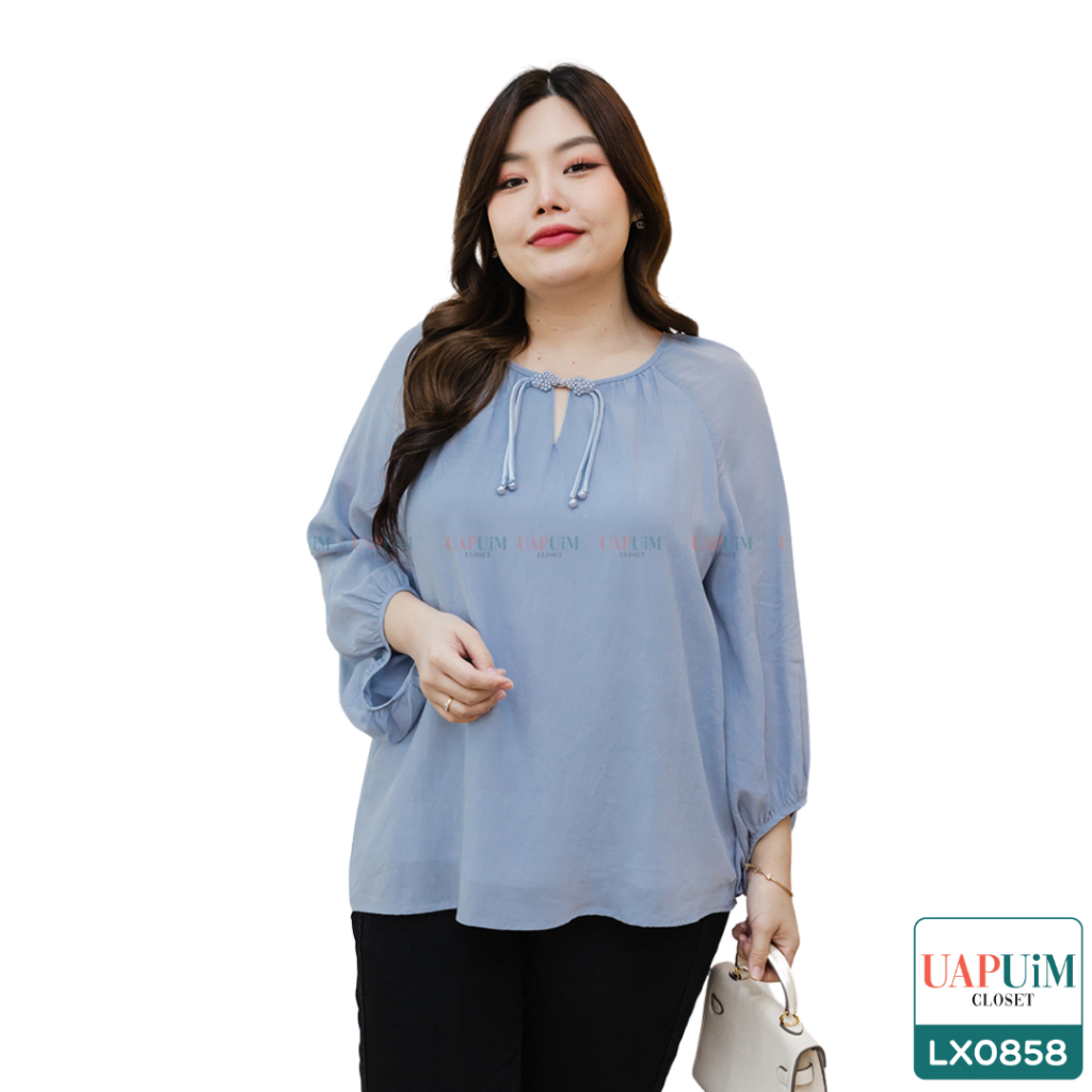 (LX0858)เสื้อแขนยาวสาวอวบเสื้อแขนยาวสไตล์มินิมอล ติดกระดุมช่วงคอ 1 เม็ด ตัวกระดุมแต่งเป็นสไตล์สาวจีน