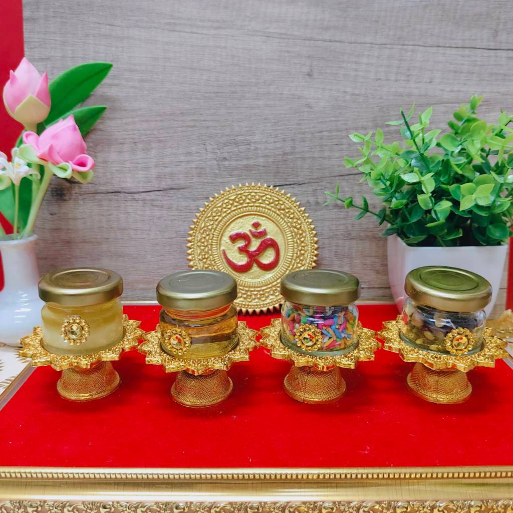 ชุดไหว้พร้อมพานทองจิ๋ว เนยกีย์ น้ำผึ้ง ถั่ว 9 สี ข้าว 9 สี ปัญจเมวาถั่ว 5 อย่าง น้ำกุหลาบ ราคาต่อ พาน เลือกแบบได้ - รูปที่ 4