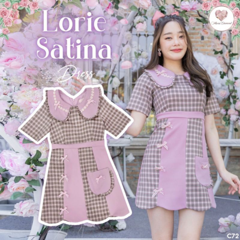 เดรสลายสก๊อต สีชมพูอ่อน มือสอง Maria diamond sz.m แพทs lorie satina