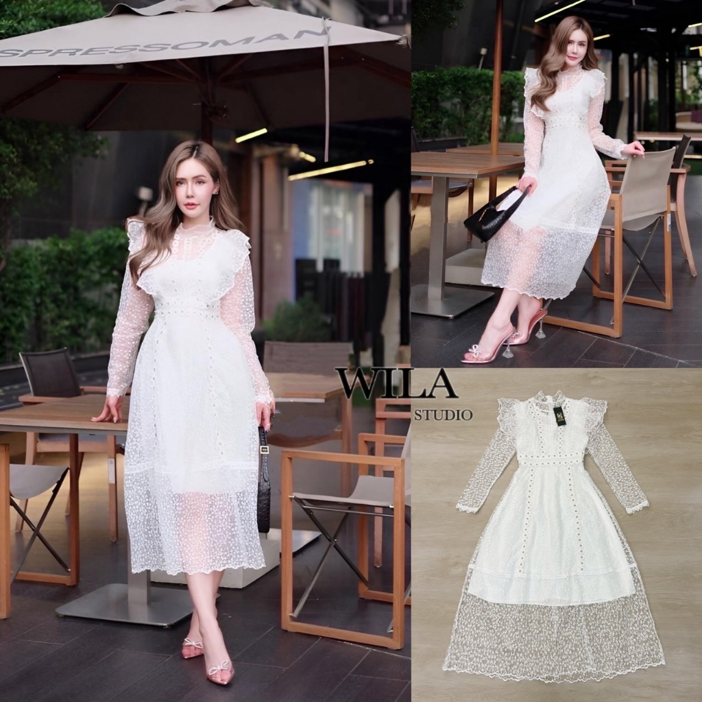 WILA BRAND WL028 ชุดเดรสยาวแขนยาวงานลูกไม้ฉลุซีทรู ทรงคอปีน