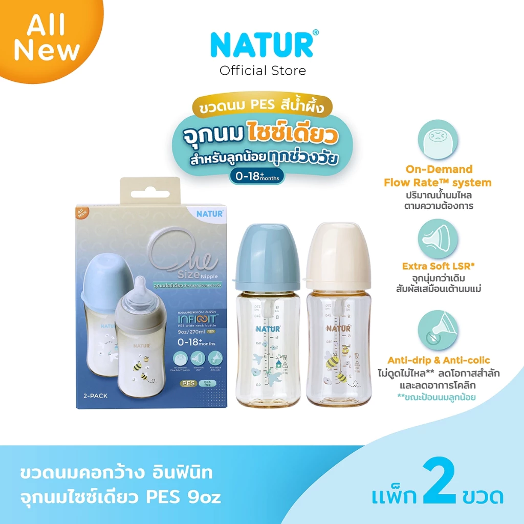 [NEW] NATUR เนเจอร์ INFINIT ขวดนมอินฟินิท ขวดนมเด็ก ขวดนมสีชา PES 9oz แพ็ก 2 พิมพ์ลาย