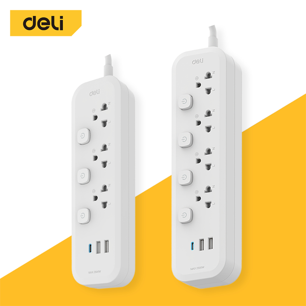 Deli ปลั๊กไฟ USB ปลั๊ก3ตา 2300W มีมอก พร้อมสวิตช์ปิด-เปิด สายยาว 3m รับประกันนาน 3ปี Power Socket