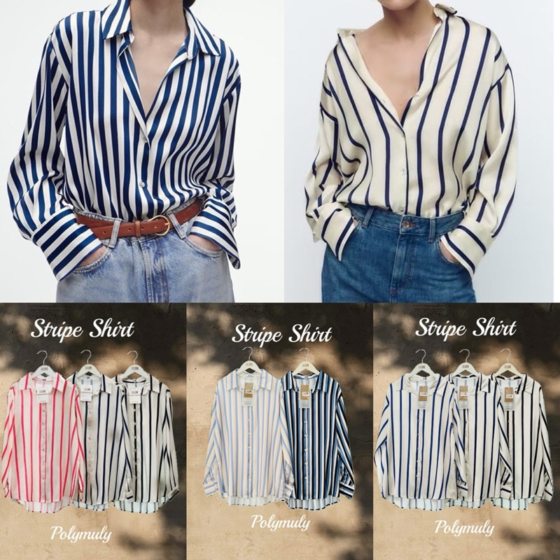 เสื้อเชิ้ตผ้าซาติน ลายทาง basic มีหลายสี ผ้านิ่มมาก ป้าย Lalune