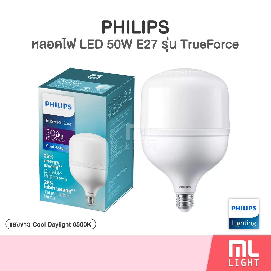 Philips หลอดไฟ LED 50W รุ่น TrueForce Core Highbay Gen3 แสงขาว ขั้วหลอดไฟ E27 หลอดใหญ่ สว่างมาก