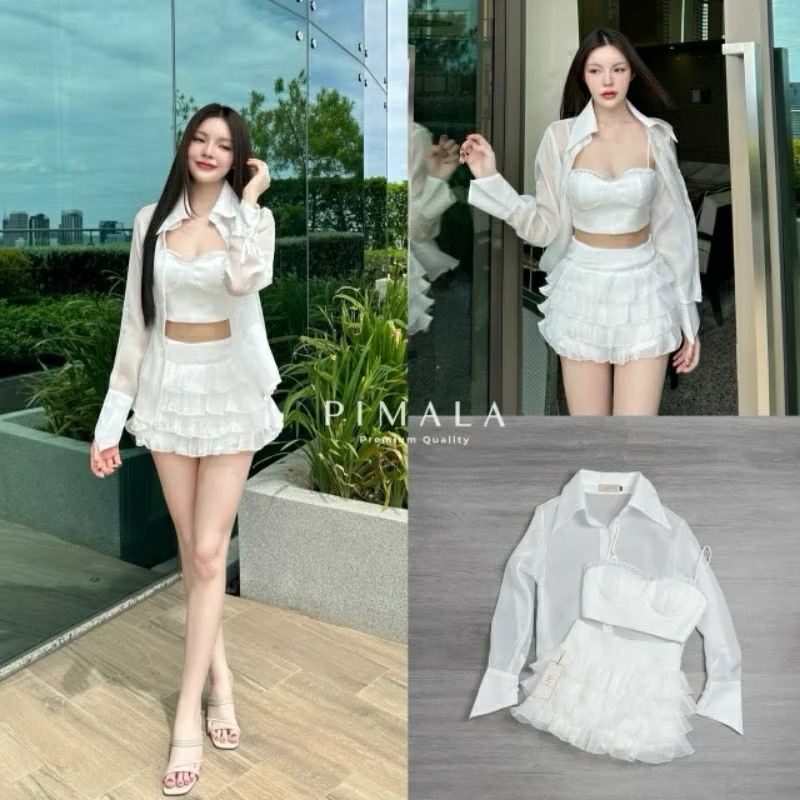 SET3ชิ้นเสื้อครอปสายเดี่ยวขอบลูกไม้ซีทรูสายปรับระดับได้+กระโปรงฟูฟ่อง+เสื้อเซิ้ตแขยาวซีทรู