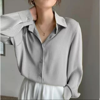 【ส่งจากไทย】เสื้อเบลาส์ลายทางแขนยาว เสื้อเชิ้ตหญิงมาใหม่ คอปกแฟชั่นผู้หญิง ผ้าดีใส่สบาย เรียบๆ
