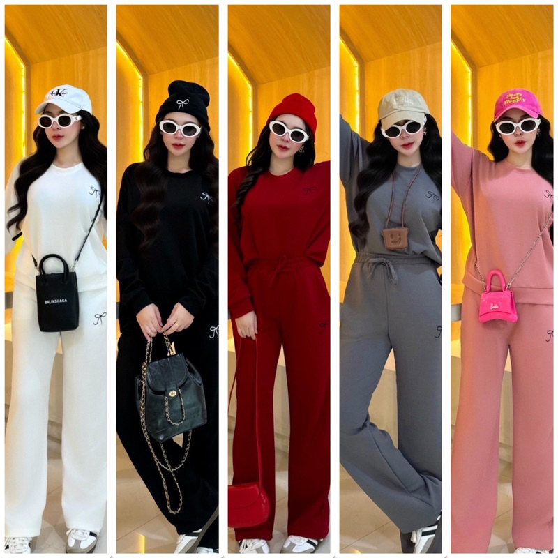 ชุดเสื้อกันหนาวคอกลมและกางเกงขายาว *ปักโบว์ ผ้ายืดใส่สบาย(B3)