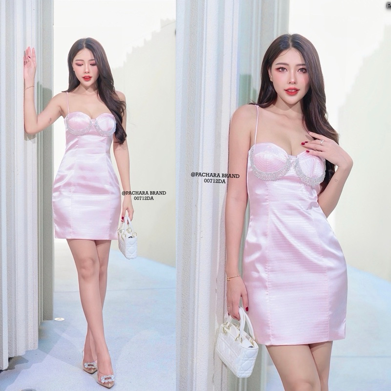 (00712DA) เดรสสั้นสายเดี่ยวสีชมพูอ่อนทรงเข้ารูป