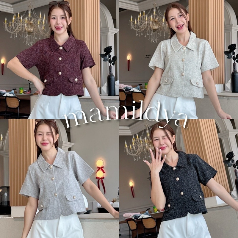 Mamildya.shop เสื้อคอปกแขนสั้นทรงเข้าเอวชายโค้ง ผ้าทวิต/V1-4 /COOK-สลิมทอ