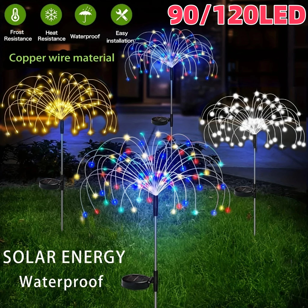 จัดส่งทันที ดอกไม้ไฟโซล่าเซลล์ ไฟกระพริบ90/120LED ไฟสนามพลังงานแสงอาทิตย์ ไฟประดับกลางแจ้งกันน้ำ สำหรับการตกแต่งบ้าน