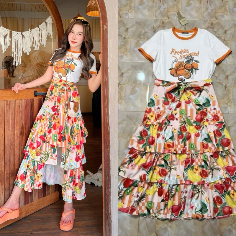 (s-7xl) ชุดเซตกระโปรง เสื้อยืด+กระโปรงชั้นๆ ลายส้ม งานป้าย amelia