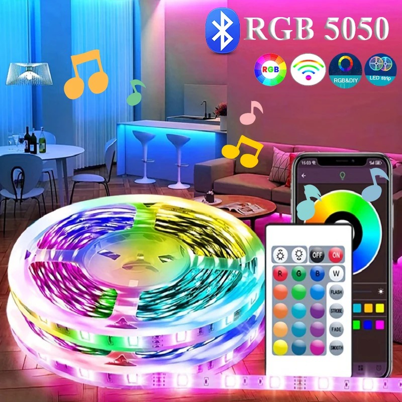【ไทย ในสต็อก】สายไฟ LED 5050 RGB 16 สี ควบคุมผ่านแอพ สําหรับห้องนอน ห้องนั่งเล่น และตกแต่งห้องเด็กเล่น แถบไฟแบ็คไลท์ US