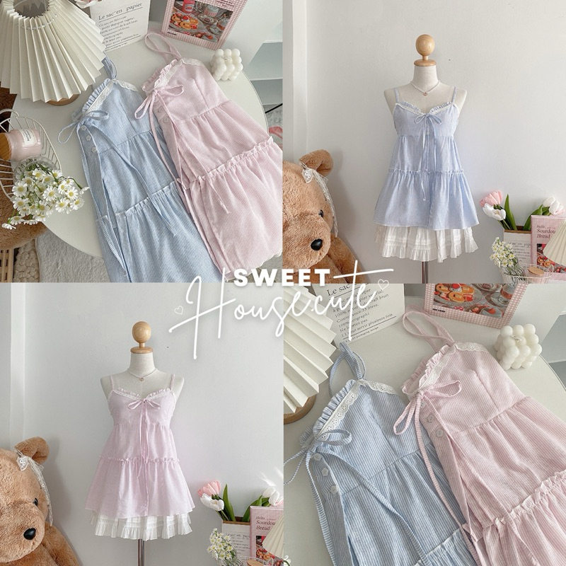 SweetHouse #421 เสื้อสายเดี่ยวลายทางสีพาสเทลตัวยาว แต่งด้วยกระดุมดอกไม้ สวยน่ารักมากก