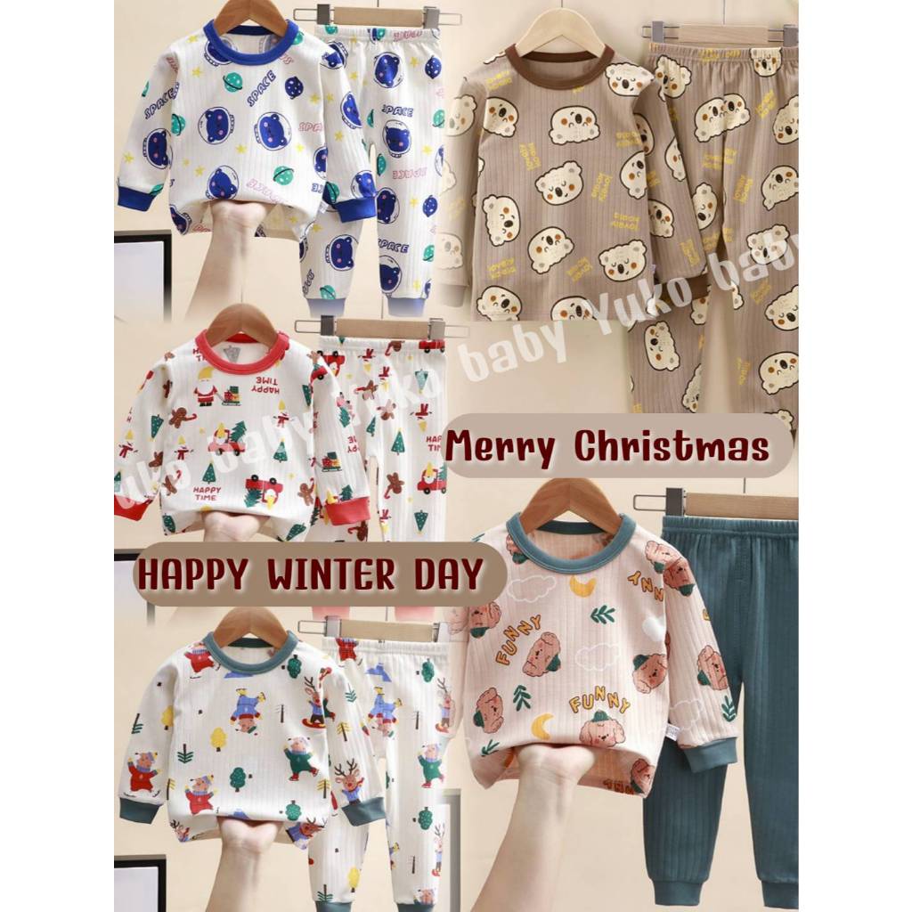 ชุดนอนเด็ก ชุดเซท 2 ชิ้น เสื้อแขนยาว ขายาว คอกลม HAPPY WINTER DAY ผ้านุ่มอุ่นๆ