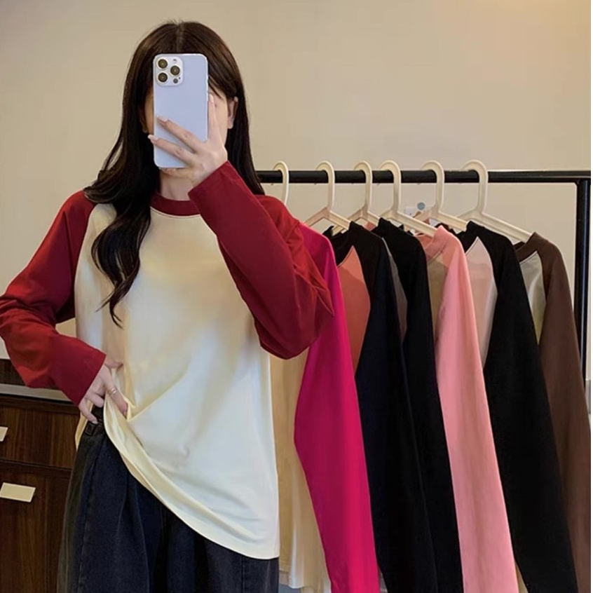 MKL เสื้อยืดแขนยาว คอกลม ทรงหลวมขนาดใหญ่ สีตัดกัน ใส่ได้ทั้งชาย/หญิง แฟชั่นฤดูใบไม้ผลิและฤดูใบไม้ร่วง #B00