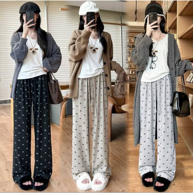 กางเกงลายโบว์ขายาว ผ้าวอร์มนุ่ม มีกระเป๋า โทนสีเบสิค9สี พร้อมส่ง - รูปที่ 2