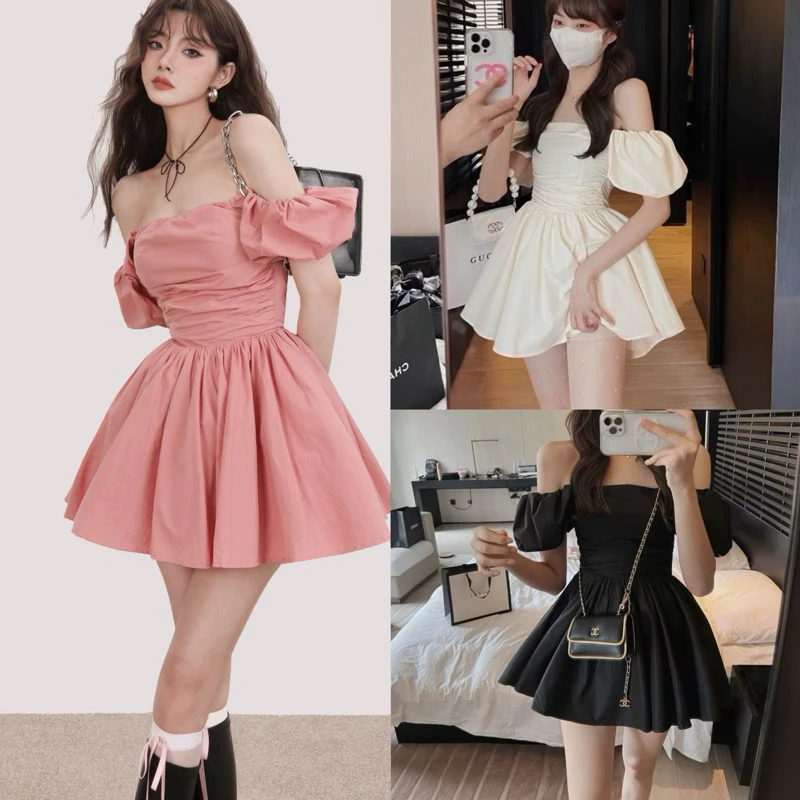 STR🌙พร้อมส่ง✨ เดรสเปิดไหล่ เดรสออกงาน ชุดเดรสสั้น แขนสั้นแขนพอง แมชได้ทุกลุค เก๋ไก๋เจ้าหญิง ชุดไปทะเล สําหรับผู้หญิง