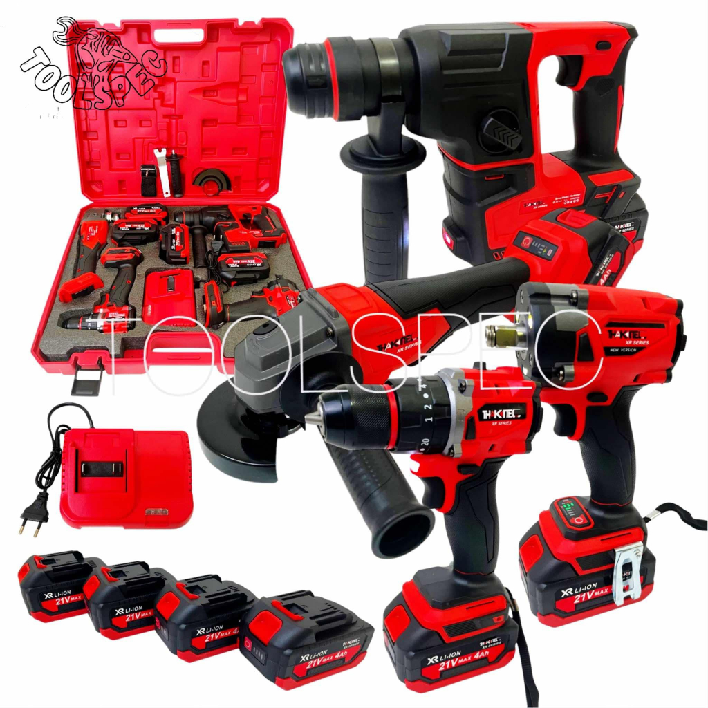 (SERIES XR)THAKITEC ชุดเครื่องมือช่างบลัสเลสไร้สาย แพ็คสี่สุดคุ้ม แบตลิเธียม XR 21V MAX จำนวน 4ก้อน พร้อมกล่องใส่อุปกรณ์