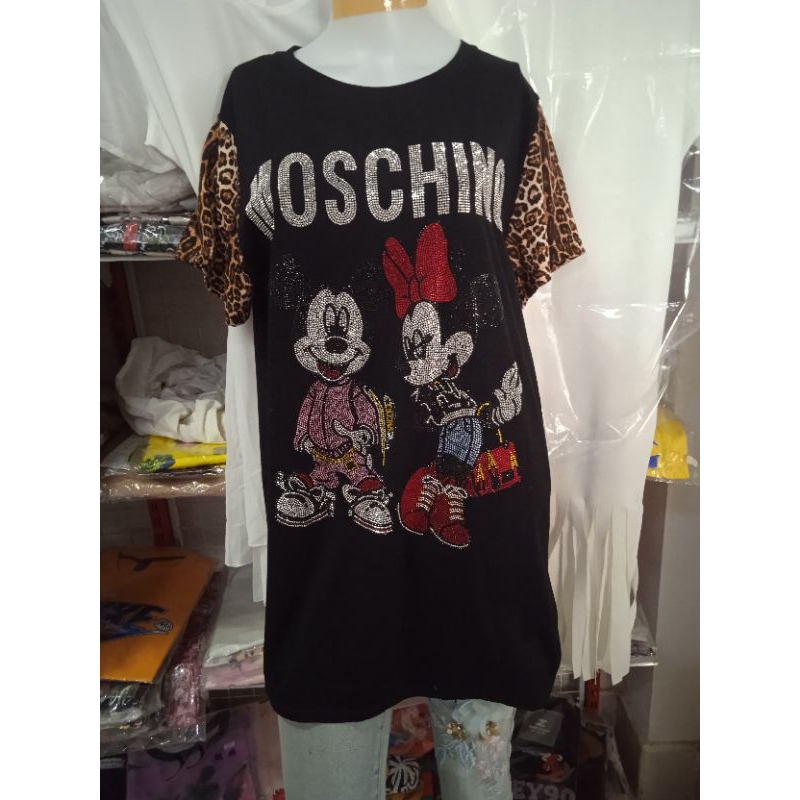 เสื้อยืดแขนสั้นผ้าเด้งสีดำ รีดเพชรลายการ์ตูน