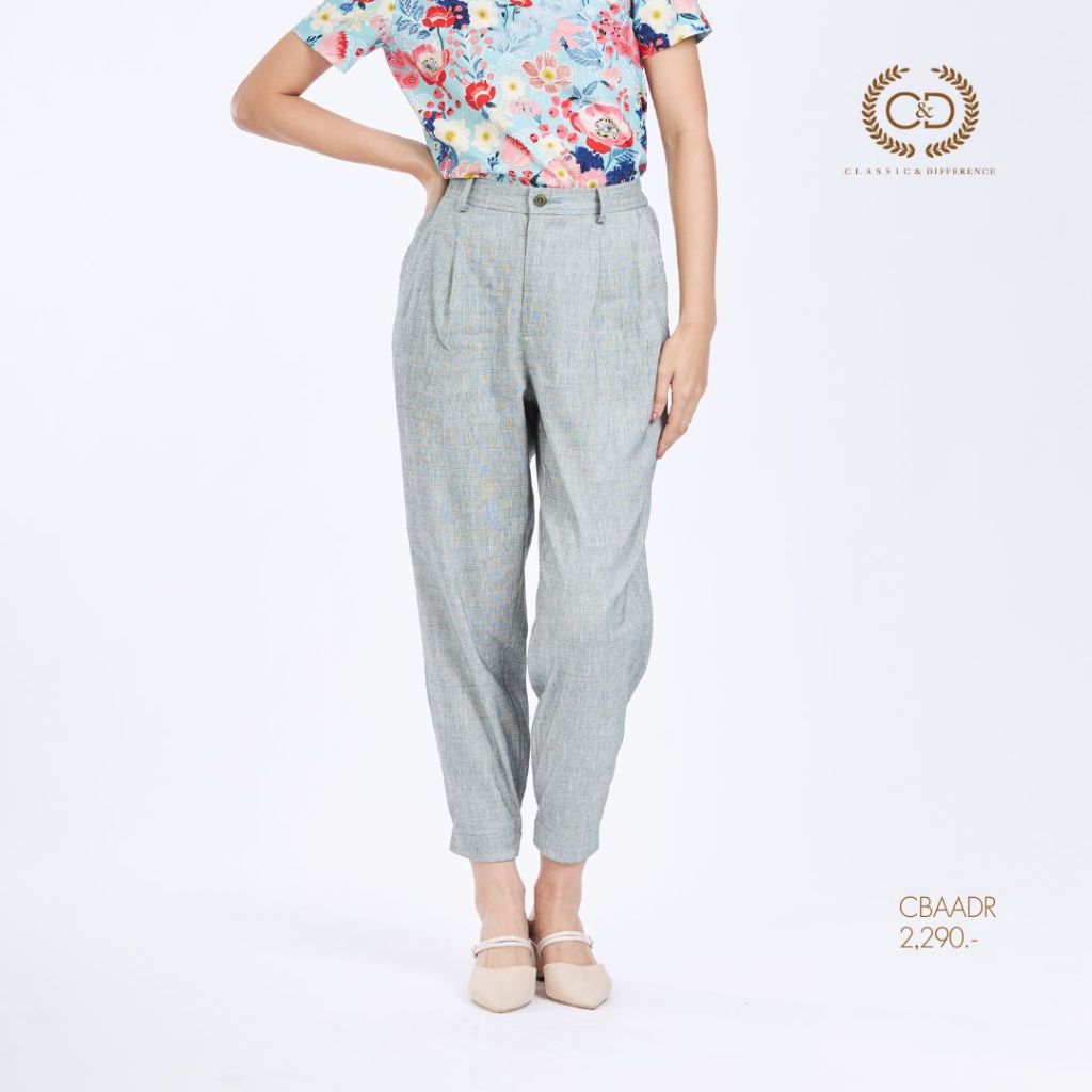 C&D กางเกงผู้หญิงขายาว Linen Chambray ปลายขาจั๊ม สีเขียวอมเทา CBAADR