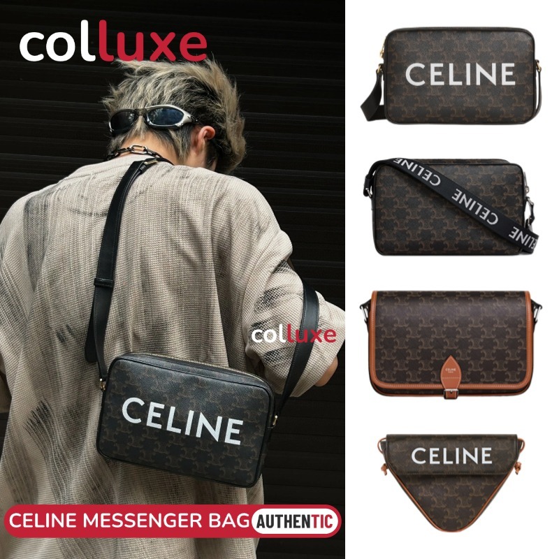 👜CELINE Medium Messenger Bag In Triomphe Canvas With CELINE Print กระเป๋าสะพายข้าง Men's Shoulder Ba