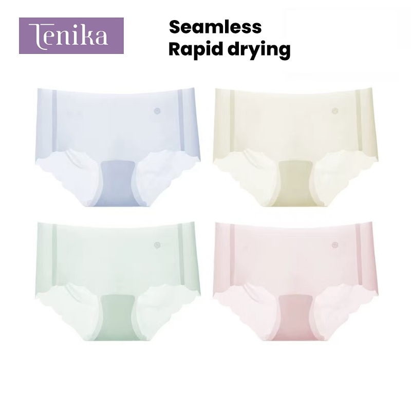 TENIKA กางเกงในผู้หญิง ส่วนที่บาง Ice Silk ไร้ขอบ เอวกลาง สบายตัว ผ้าเรียบนุ่มลื