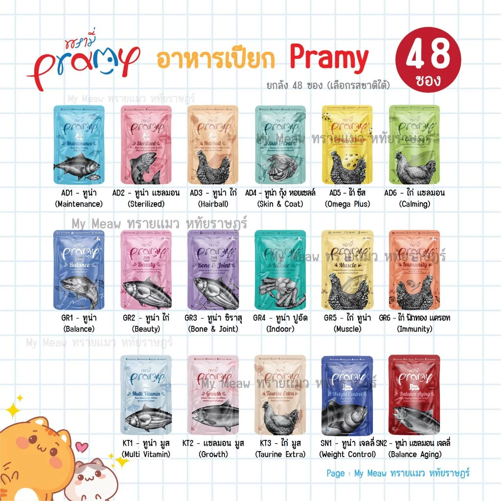 [ยกลัง 48 ซอง] Pramy อาหารเปียก พรามี่ 70 กรัม สูตรเยลลี่ สูตรเกรวี่ สูตรลูกแมว สูตรแมวสูงวัย
