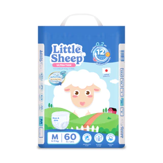 [ฟรี ทิชชู่เช็ดหน้า x1] Little Sheep ไซส์ M x1 แพ็ก 60 ชิ้น กางเกงผ้าอ้อมเด็ก บาง 0.2 cm นุ่ม แห้งสบาย [ส่งฟรี]