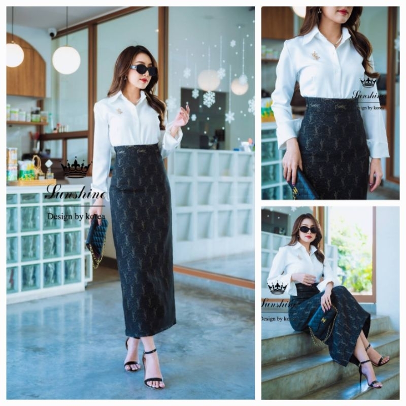 284 มีS,L,XL,2xl,3xl [เอวเล็ก2"] ราคานี้ไม่มีเข็มกลัด เซตกระโปรงผ้าทอเสื้อเชิ้ตทรงสลิม