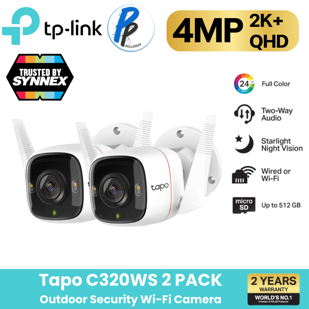 TP-Link Tapo C320WS Outdoor Security [แพ็คคู่สุดคุ้ม] Wi-Fi Camera 4MP ดูVDOมีสีสันยามค่ำคืนบันทึกภาพคมชัด 4MP