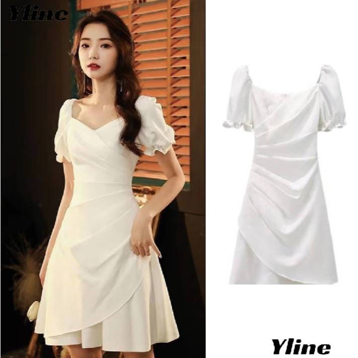 YLINE ชุดแฟชั่นสีขาว ชุดสีขาวกระโปรงหญิงสาวชุดฝรั่งเศสงานเลี้ยงกระโปรงสั้น