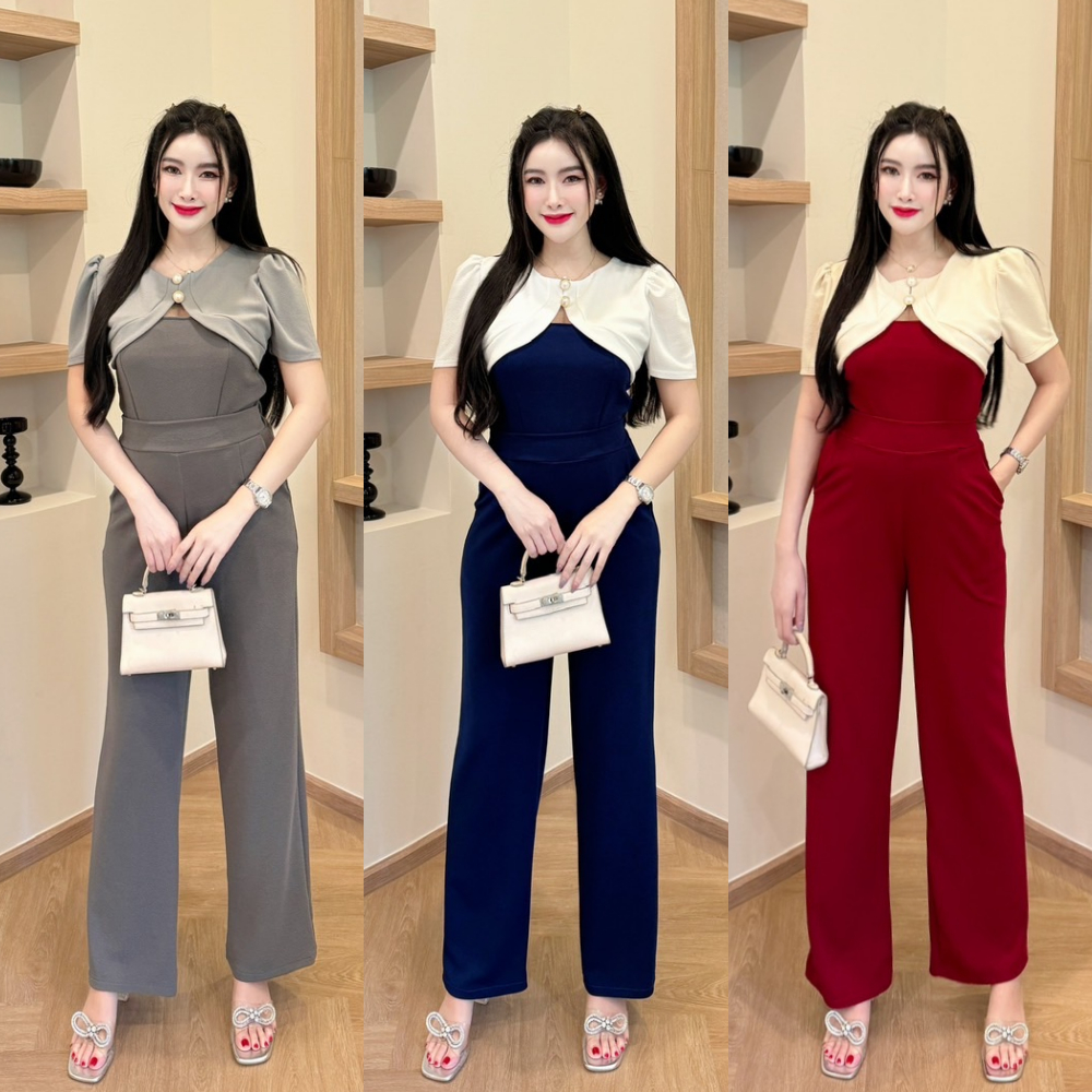 สินค้าพร้อมส่ง ชุดเซตกางเกงกระโปรงผ้าวูลเวฟ เสื้อแขนยาวแต่งผ้าซีฟองระบายคอผูกโบว์อก+กางเกงกระโปรงเอวเรียบสม็อคหลัง