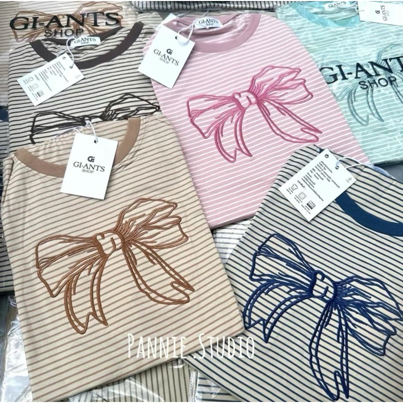 เสื้อคอกลมริ้ว Oversize ปักโบว์ ผ้าริ้วพรีเมี่ยม (นุ่ม) GI19 Clothing