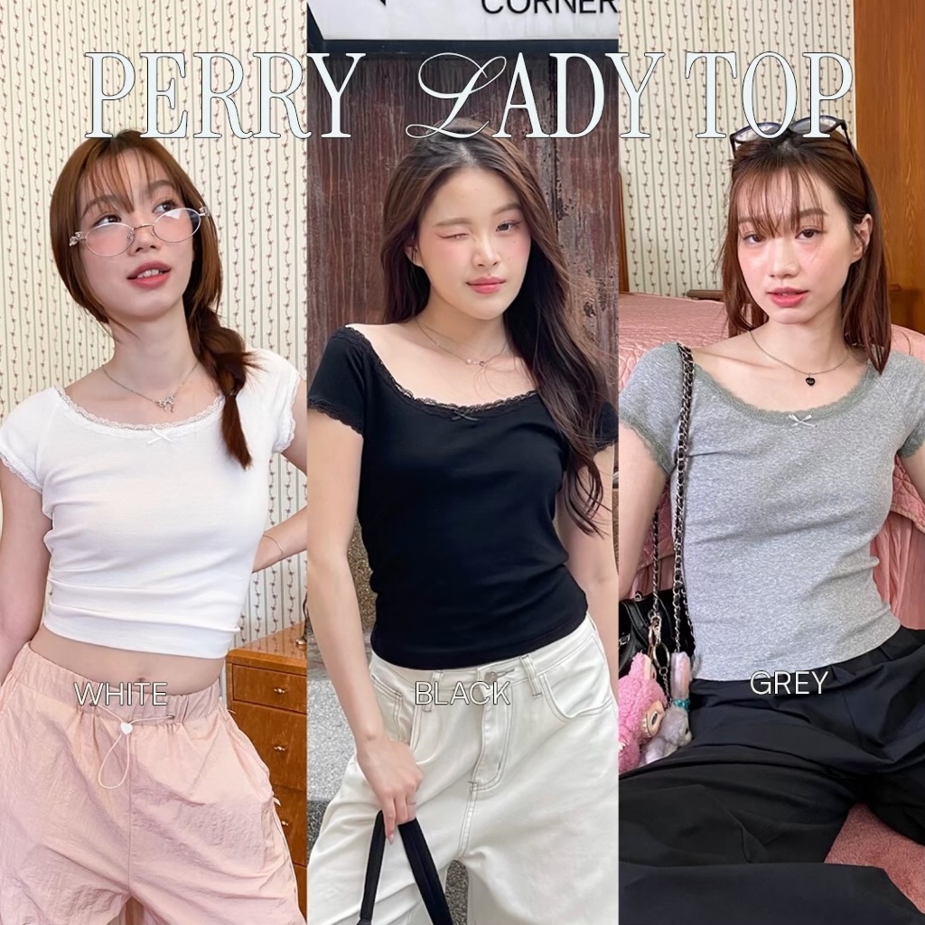 Choosedress A1962 Perry Lady Top เสื้อยืดเเขนสั้นสีพื้น แต่งขอบลูกไม้ ติดโบว์จิ๋ว