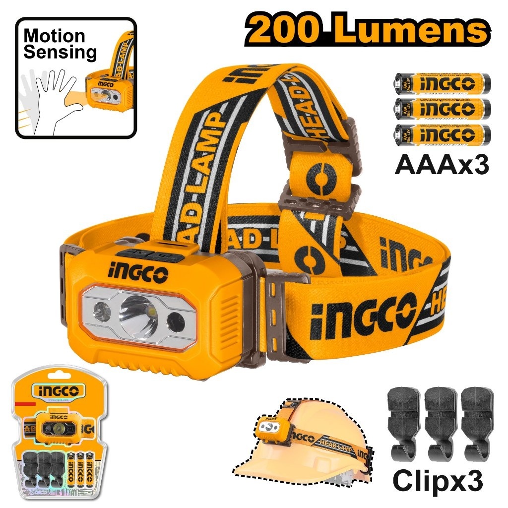 INGCO ไฟฉายคาดหัว LED 200 ลูเมน รุ่น HHL013AAA8 มีระบบเซนเซอร์โบกมือเปิด-ปิดได้ (แถมฟรี! ถ่าน AAA 3 ก้อน & คลิปยึดหมวก)