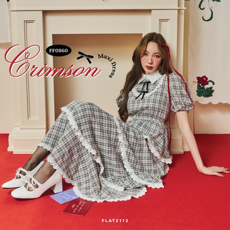 FLAT2112 : CRIMSON MAXI DRESS เดรสออกงาน ลายสก็อต แขนตุ๊กตา (FF0860) ราคา ถูกที่สุด ดีลบีเคเค