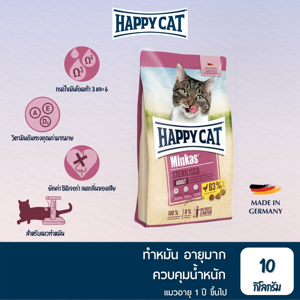 HAPPY CAT Minkas Sterilised อาหารแมวโตทำหมัน ควบคุมน้ำหนัก เนื้อสัตว์ปีกและเนื้อปลา 10 kg