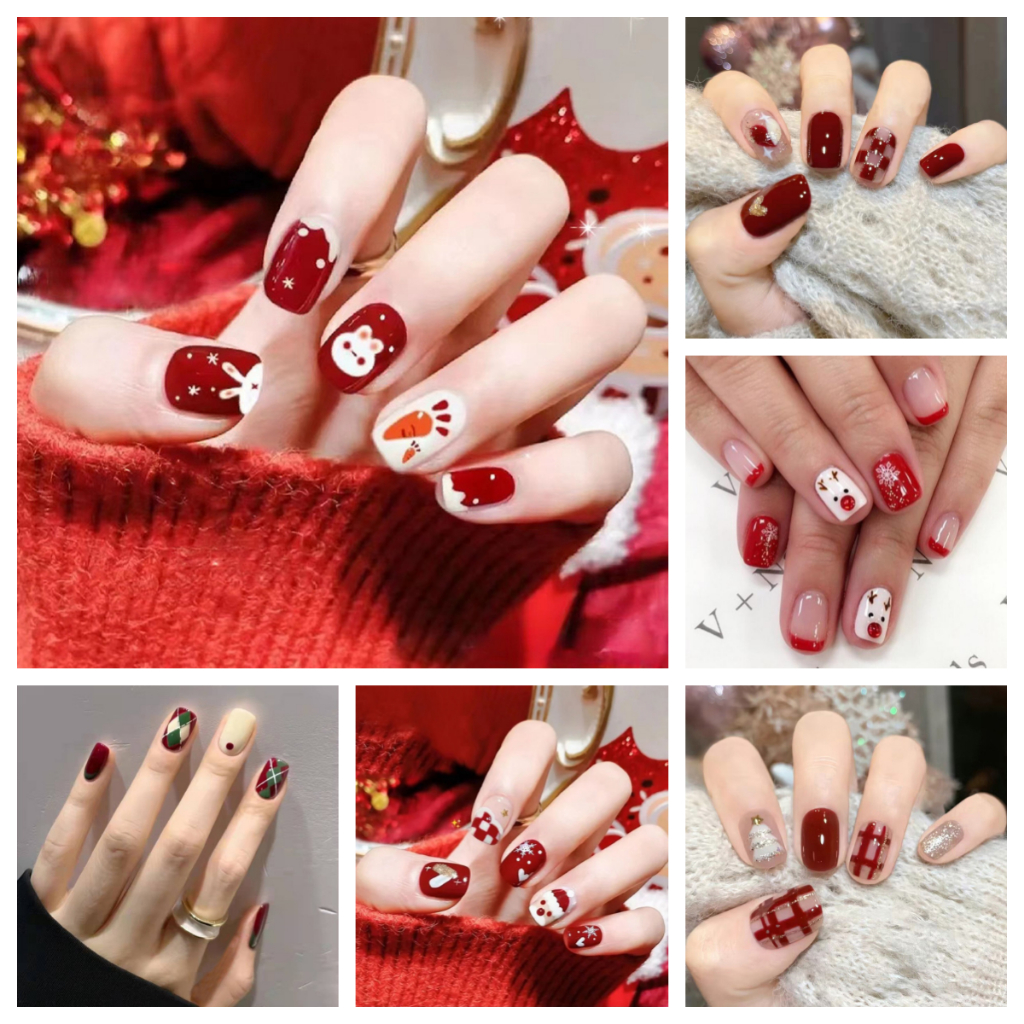 CICI ร้านไทย คริสต์มาสสีแดงเล็บปลอม ใหม่เล็บปลอมกันน้ำ