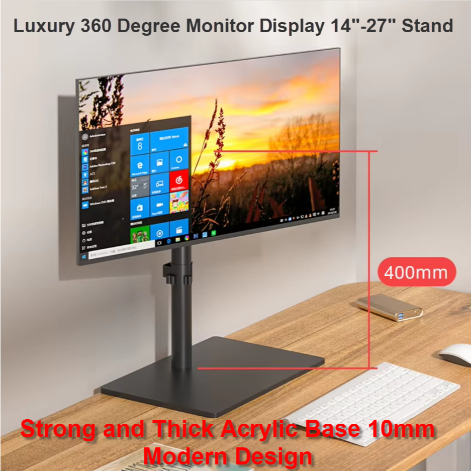 รุ่นใหม่ ขาตั้งจอคอม14"-27" ฐานอะคริลิคดีไซน์สวย หนาทนทานไม่แตก เสาโลหะ40ซม.ปรับจอขึ้นลงหมุน360° Monitor Mount Stand 8Kg