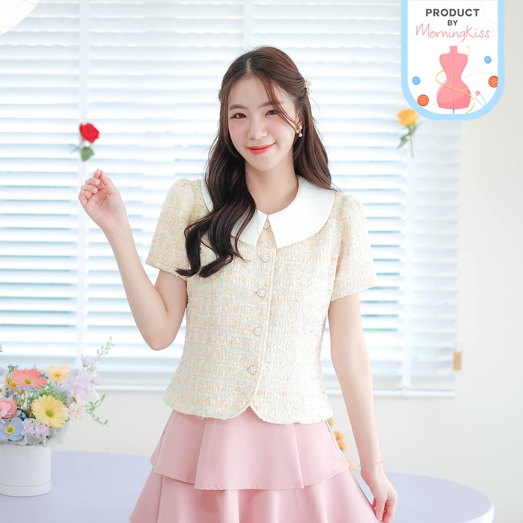 02-330 เสื้อแขนสั้นผ้าโทนสีเหลือง Jenny Tweed Blouse - 6 ไซส์