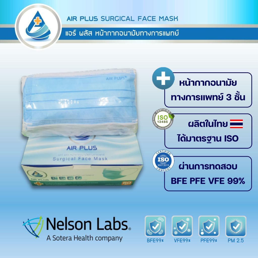 Air Mask(สีฟ้า) มีอย.BFE PFE VFE 99% AIR PLUS MASK หน้ากากอนามัยทางการแพทย์ หนา 3 ชั้น - 1 กล่อง